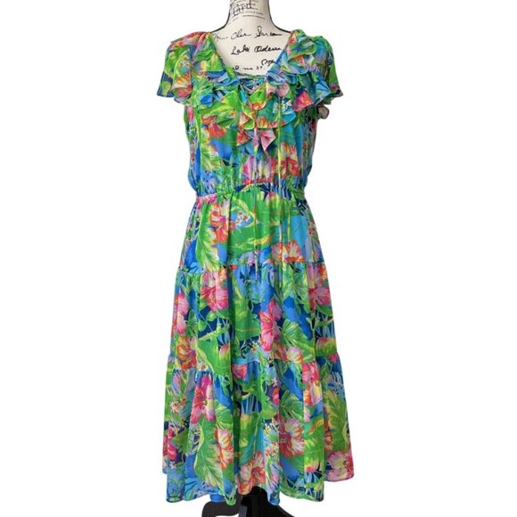 Lauren Ralph Lauren Black Label Georgette Tiered Dress Tropical Size 6 Petite - Picture 1 of 9